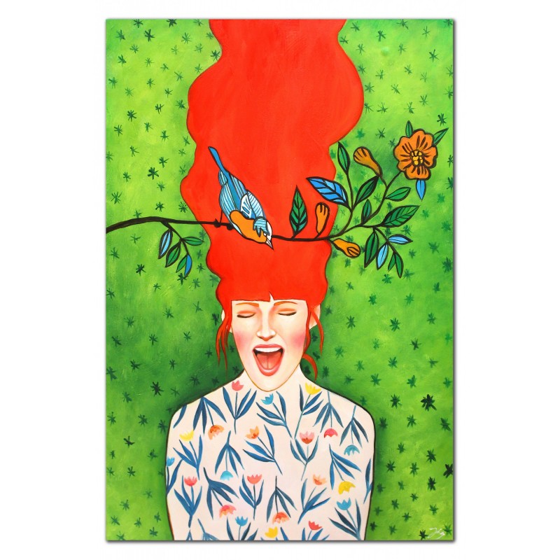  Obraz malowany 120x180cm Kobieta z rudymi włosami w zieleni