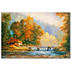  Obraz olejny ręcznie malowany 60x90cm Leśna chatka przy strumyku