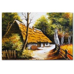  Obraz olejny ręcznie malowany 60x90cm Leśna chatka