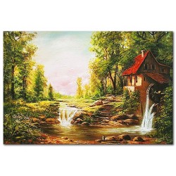  Obraz olejny ręcznie malowany 60x90cm Leśna chatka przy jeziorze