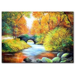  Obraz olejny ręcznie malowany 50x70cm Leśny strumyk z mostkiem