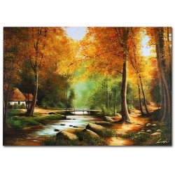  Obraz olejny ręcznie malowany 60x90cm Leśna Chatka nad strumykiem