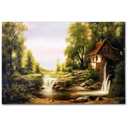  Obraz ręcznie malowany malowany Chatka na rzeczką 120x180cm