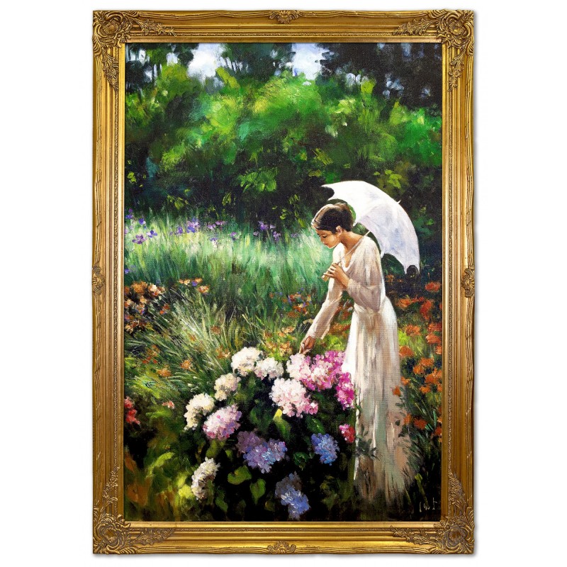  Obraz malowany Kobieta w białej sukni z parasole w ogrodzie 94x134cm