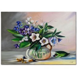  Obraz olejny ręcznie malowany 50x70 cm Bukiet kwiatów w szklanym wazonie