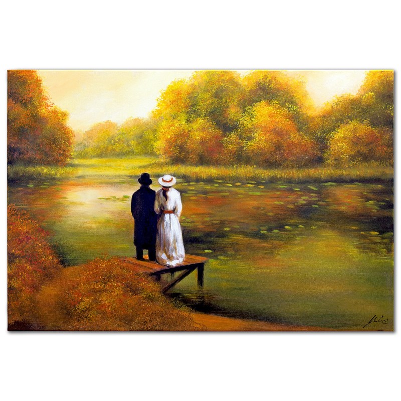  Obraz malowany Para zakochanych nad leśnym jeziorem 80x120cm