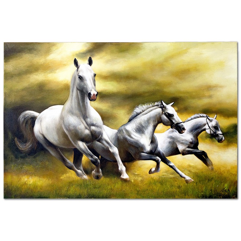  Obraz olejny ręcznie malowany 60x90cm Białe konie w galopie