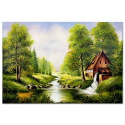  Obraz olejny ręcznie malowany 60x90cm Leśna chatka przy jeziorze