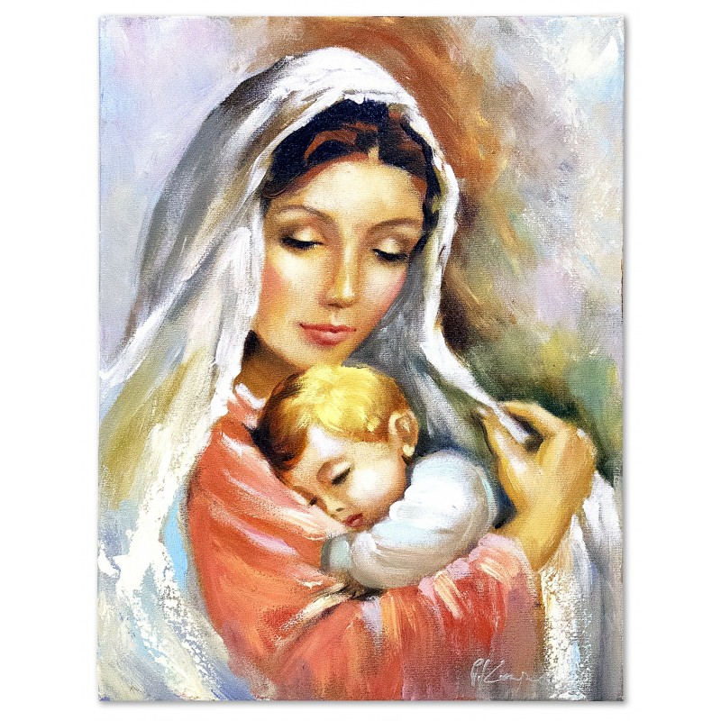  Obraz malowany Matka Boska z dzieciątkiem 30x40cm