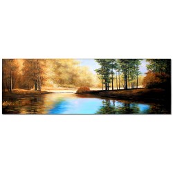  Obraz olejny ręcznie malowany 50x150cm Leśne jezioro