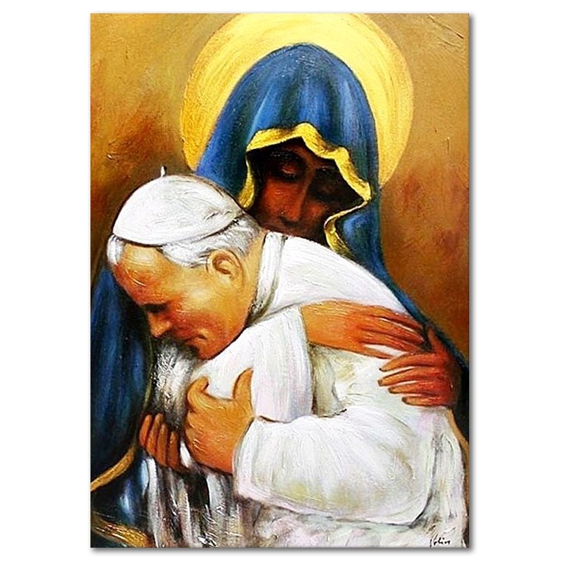  Obraz malowany Jan Paweł II w objęciach Matki Bożej 50x70cm