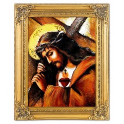  Obraz olejny ręcznie malowany z Jezusem Chrystusem podczas Drogi Krzyżowej obraz w złotej ramie 37x47 cm