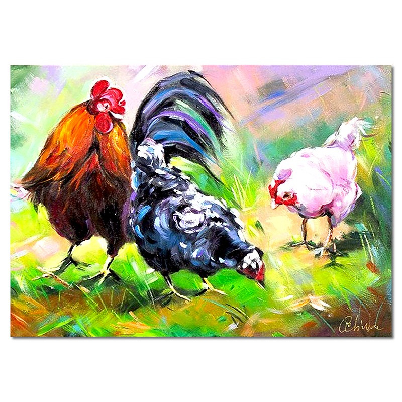  Obraz ręcznie malowany Kury i Kogut w wiejskiej zagrodzie 50x70cm