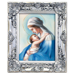 Obraz olejny ręcznie malowany z Matką Boską z dzieciątkiem 27x32 cm obraz w ramie niebieski