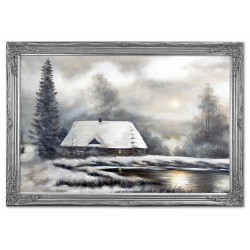  Obraz malowany Chata nad jeziorem pokryta śniegiem 94x134cm