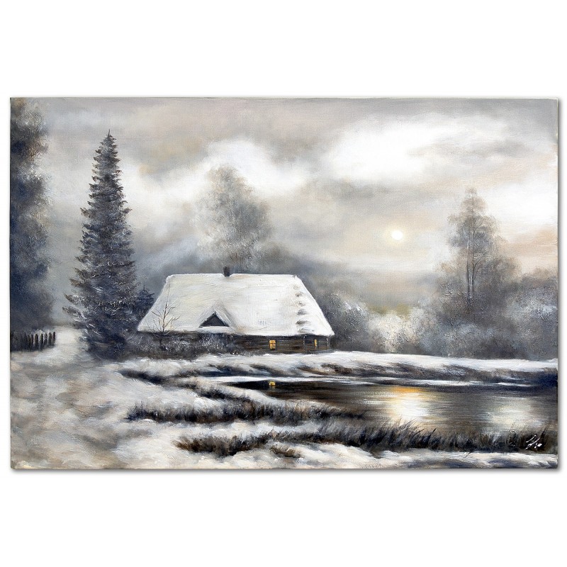  Obraz malowany Chata nad jeziorem pokryta śniegiem 60x90cm