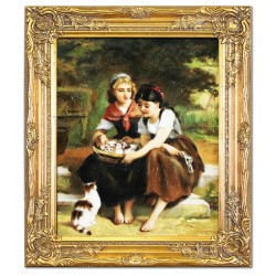 Obraz olejny ręcznie malowany 54x64cm Emile Munier Dwie dziewczynki z kotkami w koszyku