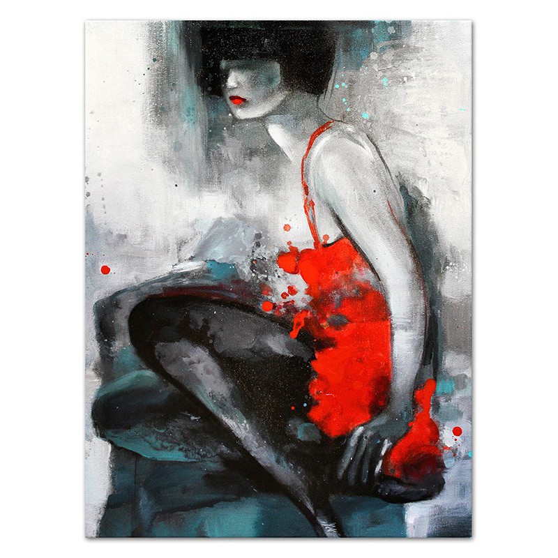  Obraz olejny ręcznie malowany 90x120cm Kobieta w czerwonej sukience