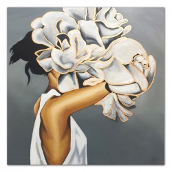  Obraz olejny ręcznie malowany 90x90cm kobieta z białą różą
