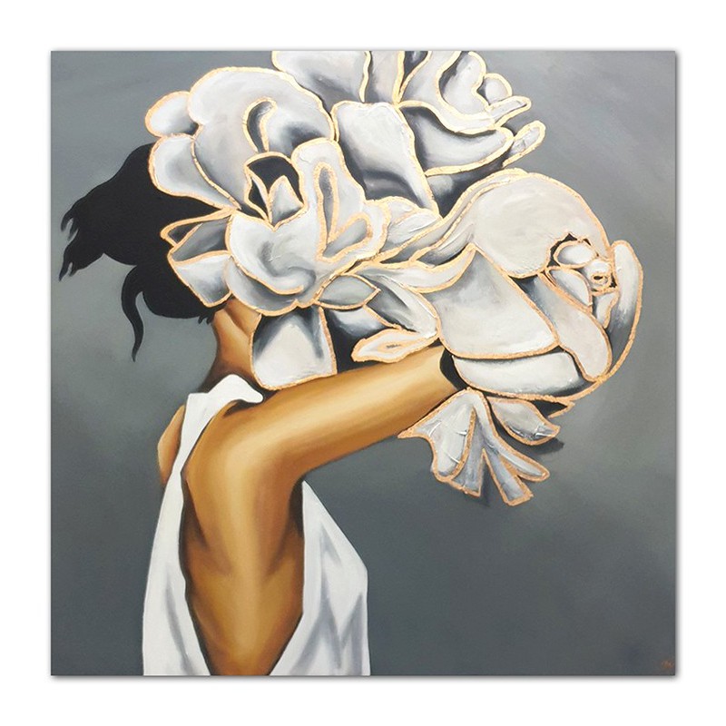  Obraz olejny ręcznie malowany 90x90cm kobieta z białą różą