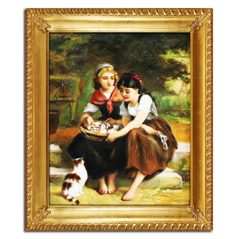  Obraz olejny ręcznie malowany 54x64cm Emile Munier Dwie dziewczynki z kotkami w koszyku