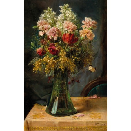  Obraz na płótnie 50x75cm Hans Zatzka Bukiet kwiatów z tulipanami i goździkami w szklanym wazonie z motylem