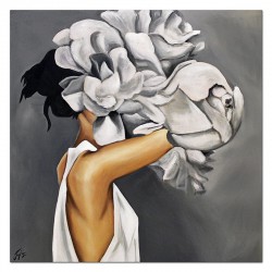  Obraz olejny ręcznie malowany 100x100cm Kobieta i biała róża
