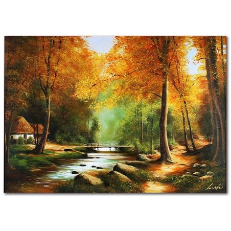  Obraz olejny ręcznie malowany 60x90cm Leśna Chatka nad strumykiem