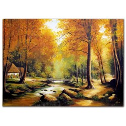  Obraz olejny ręcznie malowany 60x90cm Leśna Chatka nad strumykiem