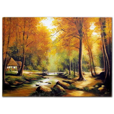  Obraz olejny ręcznie malowany 60x90cm Leśna Chatka nad strumykiem