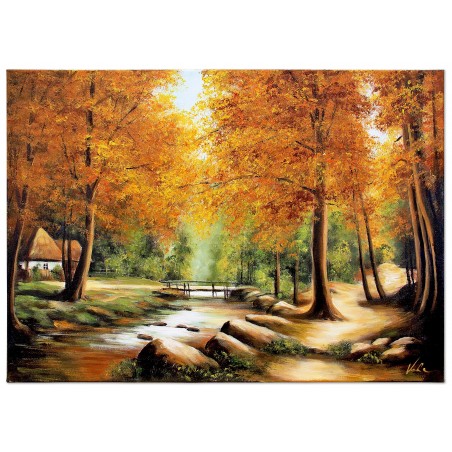 Obraz olejny ręcznie malowany 60x90cm Leśna Chatka nad strumykiem