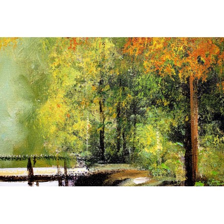 Obraz olejny ręcznie malowany 60x90cm Leśna Chatka nad strumykiem