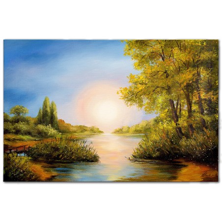  Obraz olejny ręcznie malowany 60x90cm Wschód słońca nad jeziorem
