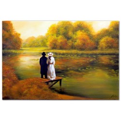  Obraz olejny ręcznie malowany 60x90cm Zakochani nad stawem