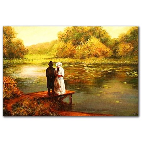  Obraz olejny ręcznie malowany 60x90cm Zakochani nad stawem