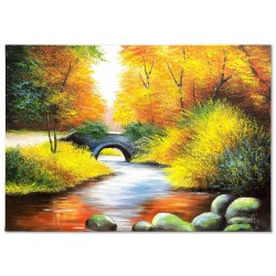  Obraz olejny ręcznie malowany 50x70cm Leśny strumyk z mostkiem