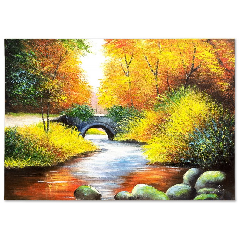  Obraz olejny ręcznie malowany 50x70cm Leśny strumyk z mostkiem