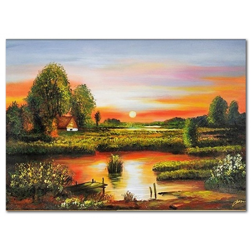  Obraz olejny ręcznie malowany 50x70cm Jezioro o zachodzie słońca