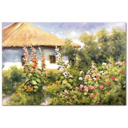  Obraz malowany Chata kryta strzechą pośród malw 60x90cm