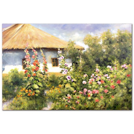  Obraz malowany Chata kryta strzechą pośród malw 60x90cm