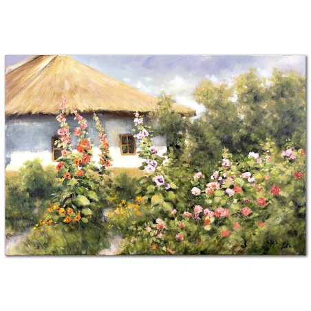  Obraz malowany Chata kryta strzechą pośród malw 60x90cm