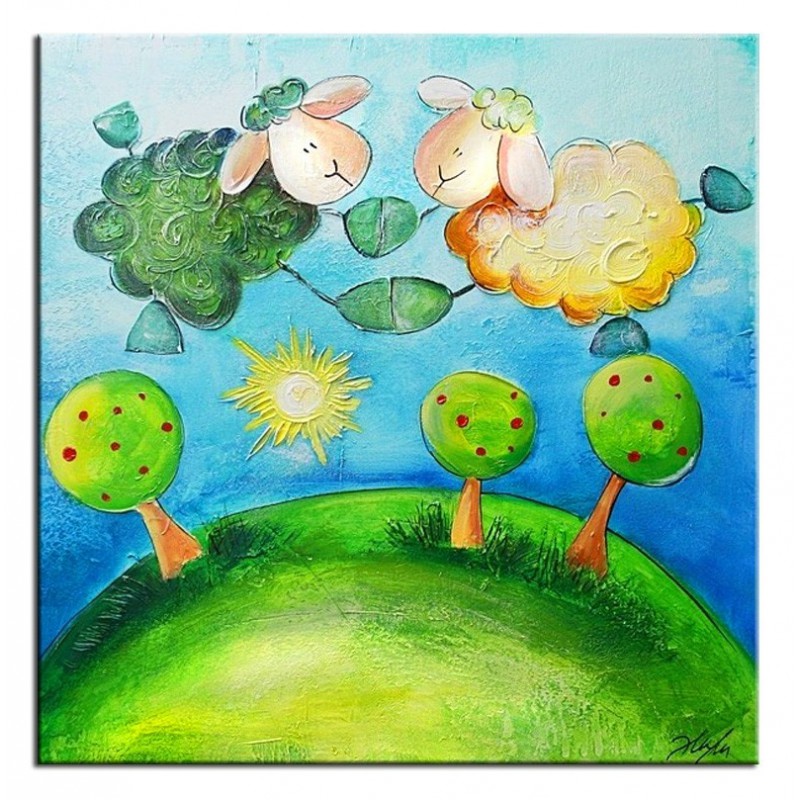  Obraz ręcznie malowany na płótnie 60x60cm baranki na niebie