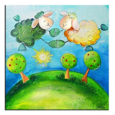  Obraz ręcznie malowany na płótnie 60x60cm baranki na niebie