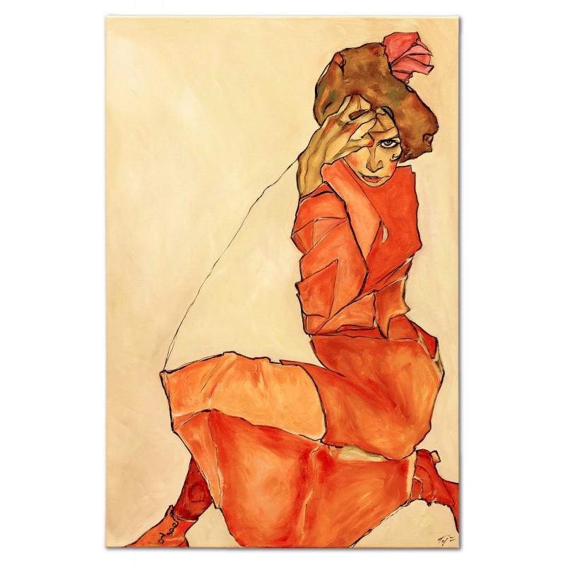  Obraz malowany Egon Schiele klęcząca kobieta w pomarańczowej czerwonej sukience 80x120cm