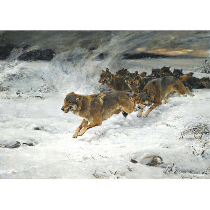  Obraz ręcznie malowany Alfred Wierusz Kowalski Stado Wilków 60x90cm