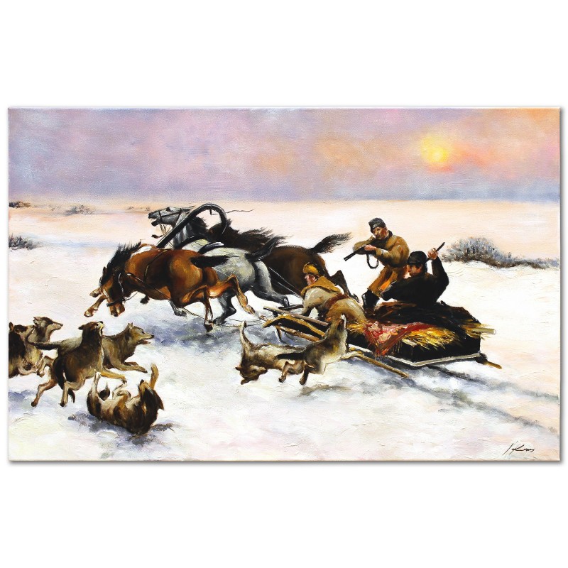  Obraz malowany Alfred Wierusz Kowalski Wilki napadające na sanie 60x90cm