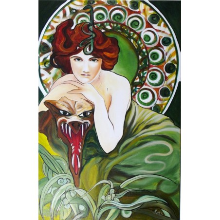  Obraz olejny ręcznie malowany Alfons Mucha Bogini Kiru ze Światłogońcem kopia 60x90cm