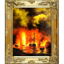  Obraz olejny ręcznie malowany płonące statki 54x63cm