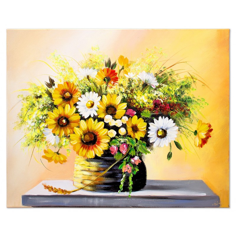 Obraz ręcznie malowany Żółte kwiaty w wazonie 40x50cm