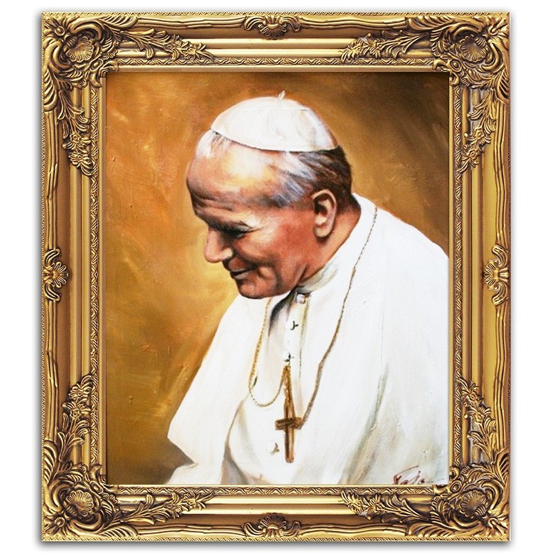  Obraz Jana Pawła II papieża 53x64 cm obraz olejny na płótnie w złotej ramie